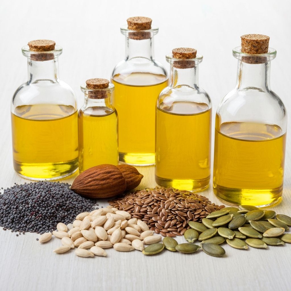 Pflanzensamen und Nüsse neben Glasflaschen mit Ölen